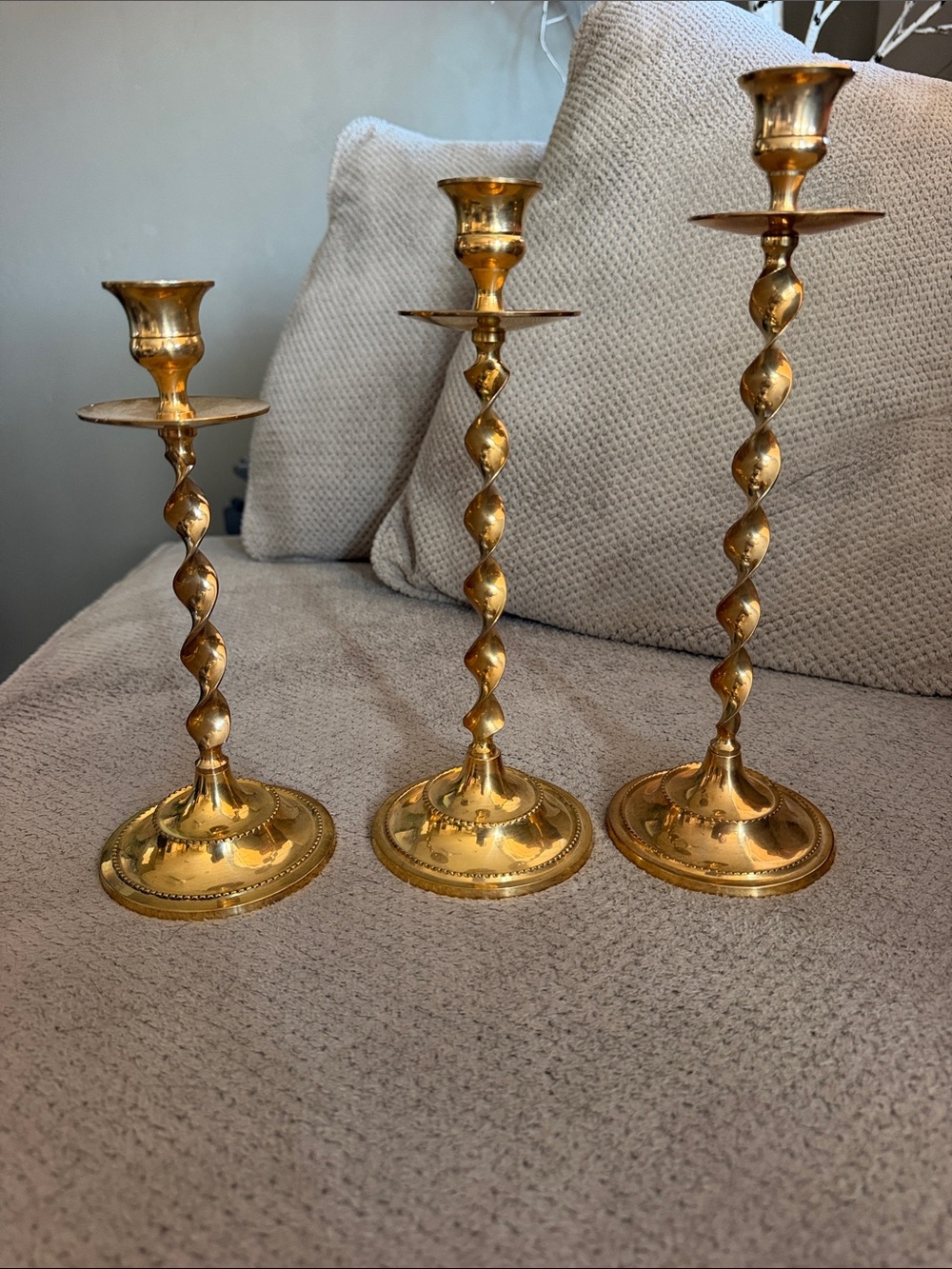 Brass Spiral Taper Candle Holders - Gold 9 1/2, 10 1/2, and 11 1/2 inches.